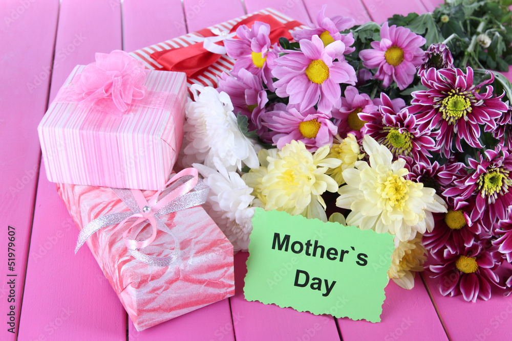 Bouquet of beautiful chrysanthemums on table close-up