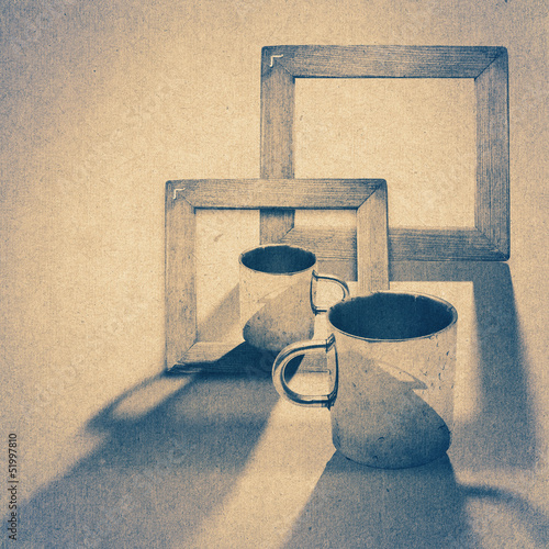 Naklejka - mata magnetyczna na lodówkę grunge wood frame and cup background, vintage paper texture