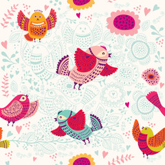 Wall Mural - Seamless pattern with birds and flowers