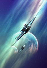 Wall Mural - background with a planet, moon, nebula and spacespips