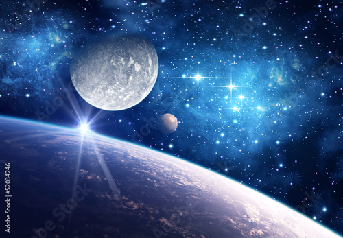 Plakat Tło z planetą, księżycem i gwiazdą