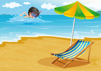 Poster - A boy swimming at the beach with an umbrella and a foldable bed