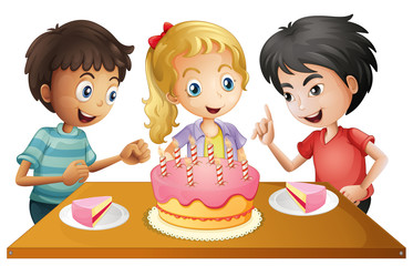 Wall Mural - A table with cake surrounded by three kids