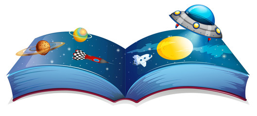 Aufkleber - A book with an image of a spaceship and planets