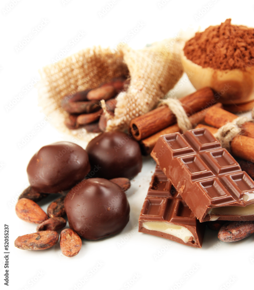 Composition of chocolate sweets, cocoa and spices, isolated