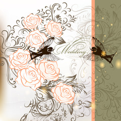 Wall Mural - Elegant wedding background with roses, swirl and birds