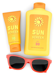 Wall Mural - Bottle and tube of sunscreen and red sunglasses