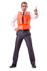 Wall Mural - Man in life jacket isolated on white