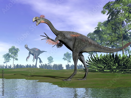 Naklejka samoprzylepna Dinozaury gigantoraptor w przyrodzie - 3d render