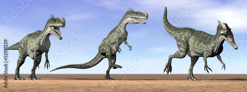 Naklejka samoprzylepna Dinozaury monolophosaurus na pustyni - 3d render
