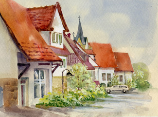 Wall Mural - Watercolor Landscape Collection: Village Life