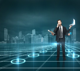 Wall Mural - man with four hands on interface backround