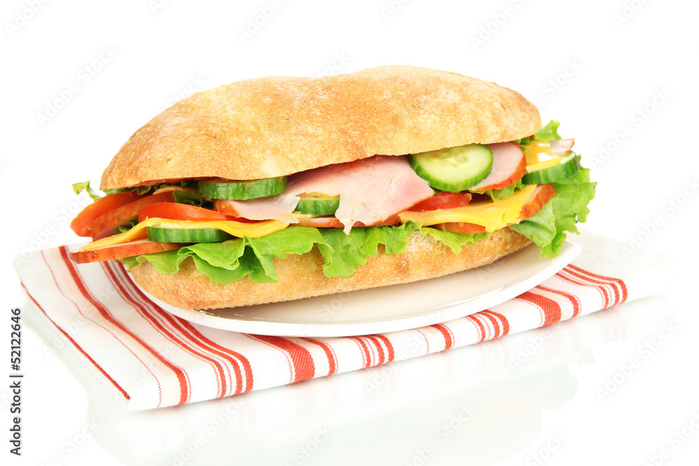 Fresh and tasty sandwich with ham and vegetables isolated