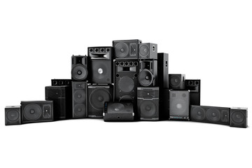 large group of speakers in a row, on a white background.