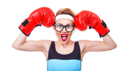 Wall Mural - Surprised fitness woman with boxing gloves, isolated on white