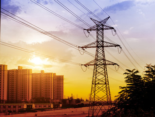 high voltage post.High-voltage tower sky background.