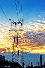 high voltage post.High-voltage tower sky background.