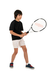 portrait of a handsome boy with a tennis racket isolated on whit