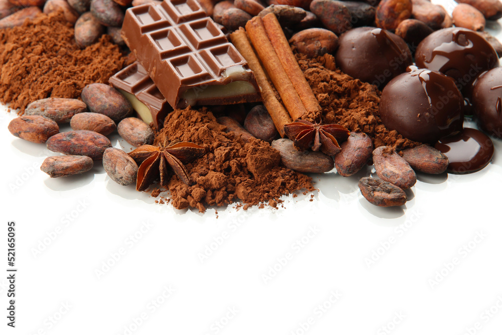 Composition of chocolate sweets, cocoa and spices, isolated