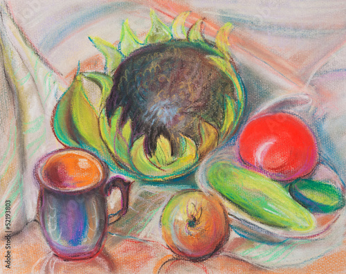 Obraz w ramie Still life with a tomato and a sunflower