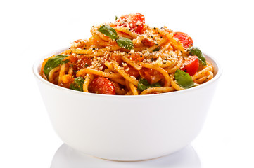 Pasta with meat, tomato sauce, parmesan and vegetables