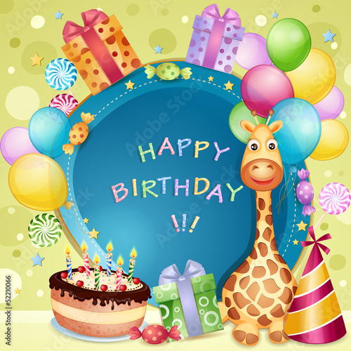 Fototapeta na wymiar Birthday card with birthday cake, balloons and gifts