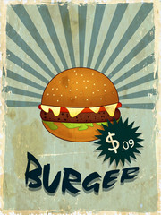 Vintage menu card design with burger and price tag on rays backg