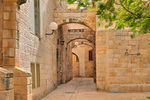 Narrow Street And Stonrd Houses At Jewish Quarter In Jerusalem.