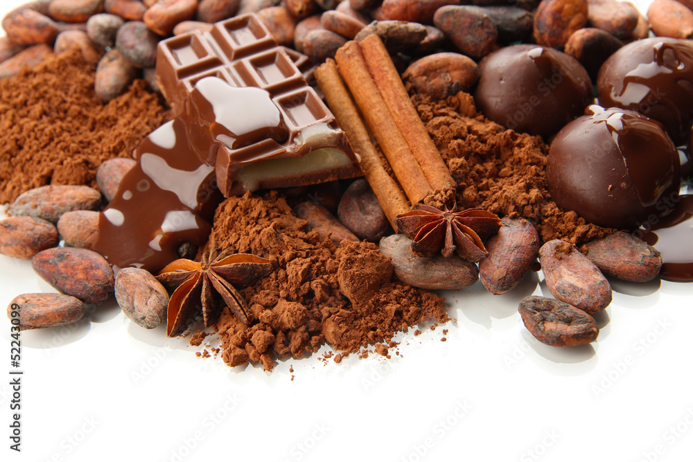 Composition of chocolate sweets, cocoa and spices, isolated