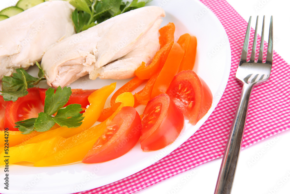 Boiled chicken breast on plate with vegetables close up