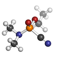 Sticker - Tabun nerve agent, molecular model. Tabun is a chemical weapon,