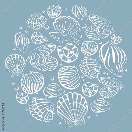Fototapeta na wymiar Seashell round design element. Sea background.