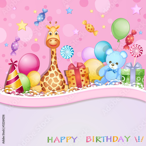 Fototapeta dla dzieci Birthday card with balloons, gifts and candies