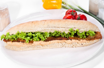 Long sandwich made from integral bred with tofu cheese and veget