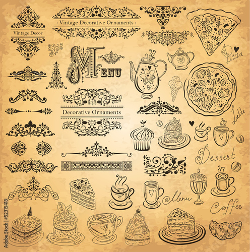 Obraz w ramie Vector set of floral ornaments and elements for design menu