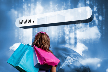 Aufkleber - Girl with shopping bags looking at address bar with data servers