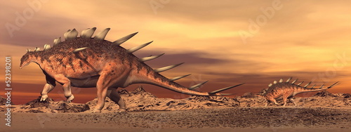 Naklejka samoprzylepna Kentrosaurus dinozaury mama i dziecko - 3d render