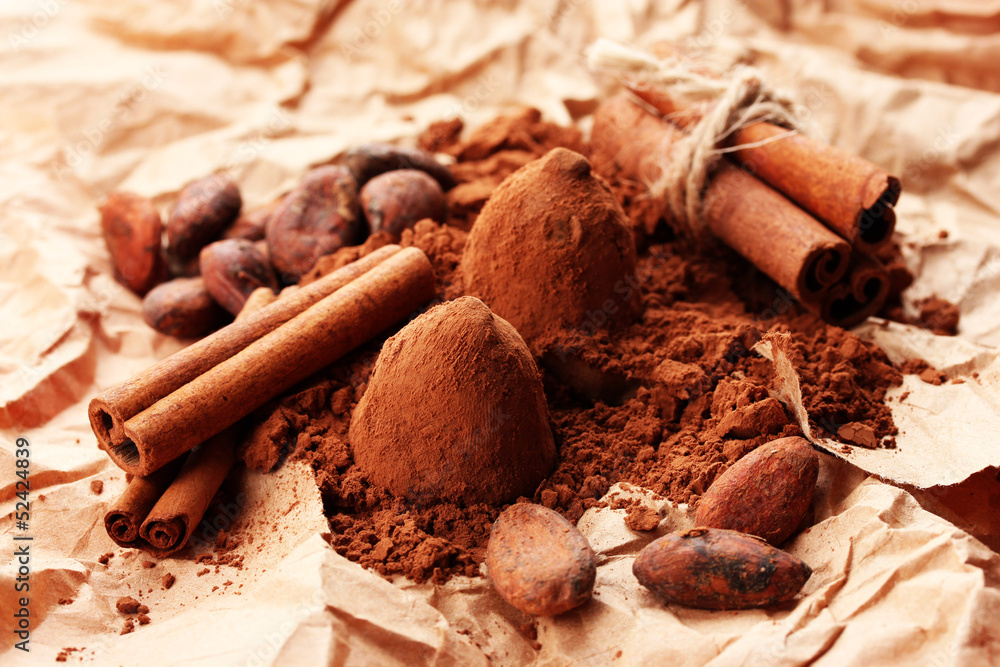 Composition of chocolate  truffles, cocoa and spices