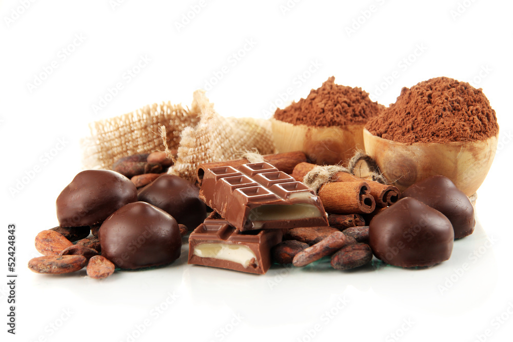 Composition of chocolate sweets, cocoa and spices, isolated
