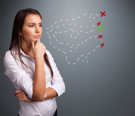 Young woman choosing between right and wrong signs