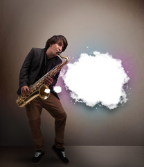 young man playing on saxophone with copy space in white cloud