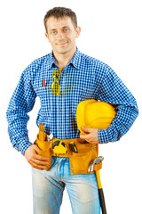 Wall Mural - a worker holding helmet isolated