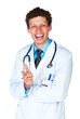 © vladstar - Portrait of a smiling male doctor showing finger at you on white