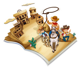 Poster - A book with an image of three cowboys