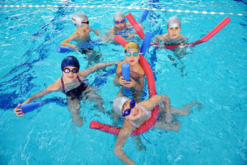 Poster - happy children group  at swimming pool