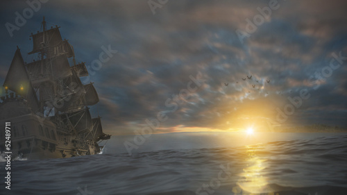 Naklejka samoprzylepna Piracki statek na jeziorze 3d 4k