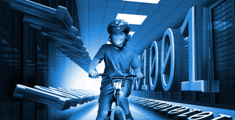 Aufkleber - Child on bike in data center with binary code in blue
