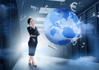 Aufkleber - Businesswoman standing in data center with earth and currency gr