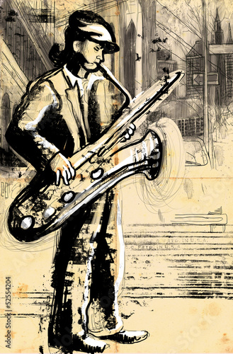 Nowoczesny obraz na płótnie sax player (full sized hand drawing - original)