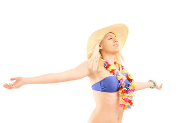 Poster - relaxed blond female in bikini spreading her arms